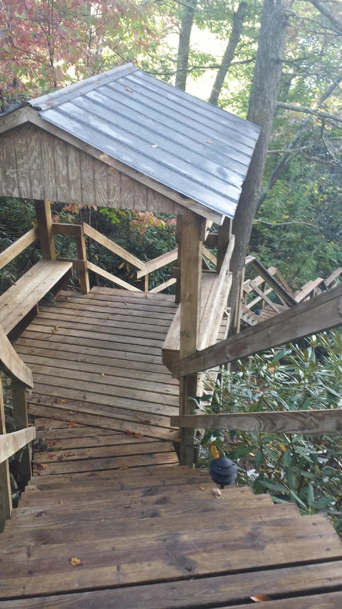 Metal roofed shelter over wooden steps on a wooded walkway — Skylight Repair & Installation work by our crew in Decatur